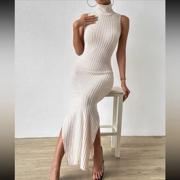 Sexy Turtleneck Split Thigh Tank Knit Dress - Picture 1 of 6